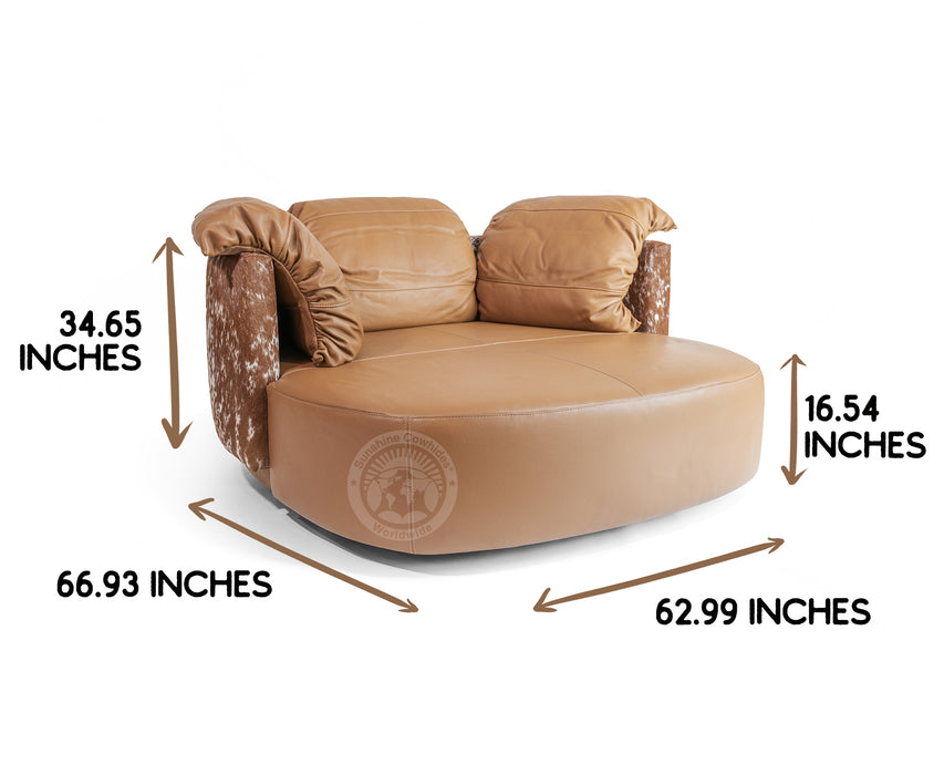 Swivel Leather Love Chair with Hair On Cowhide Accents - Toffee