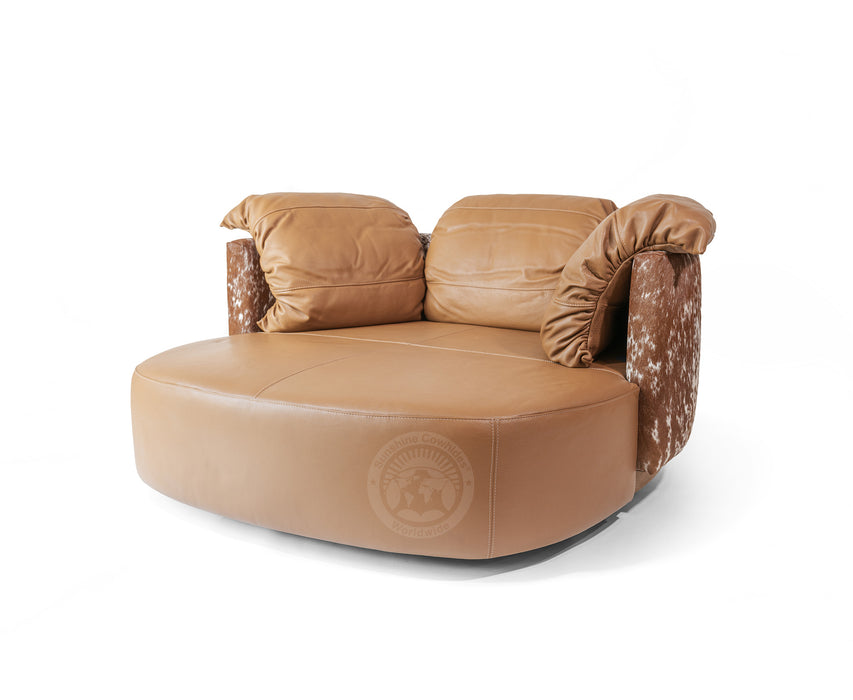 Swivel Leather Love Chair with Hair On Cowhide Accents - Toffee