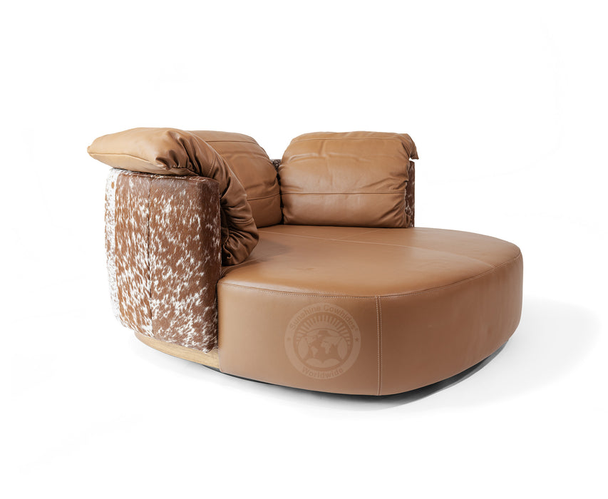 Swivel Leather Love Chair with Hair On Cowhide Accents - Toffee