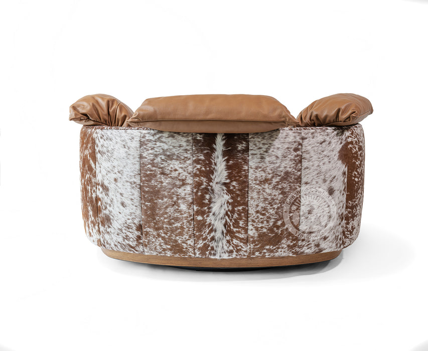 Swivel Leather Love Chair with Hair On Cowhide Accents - Toffee