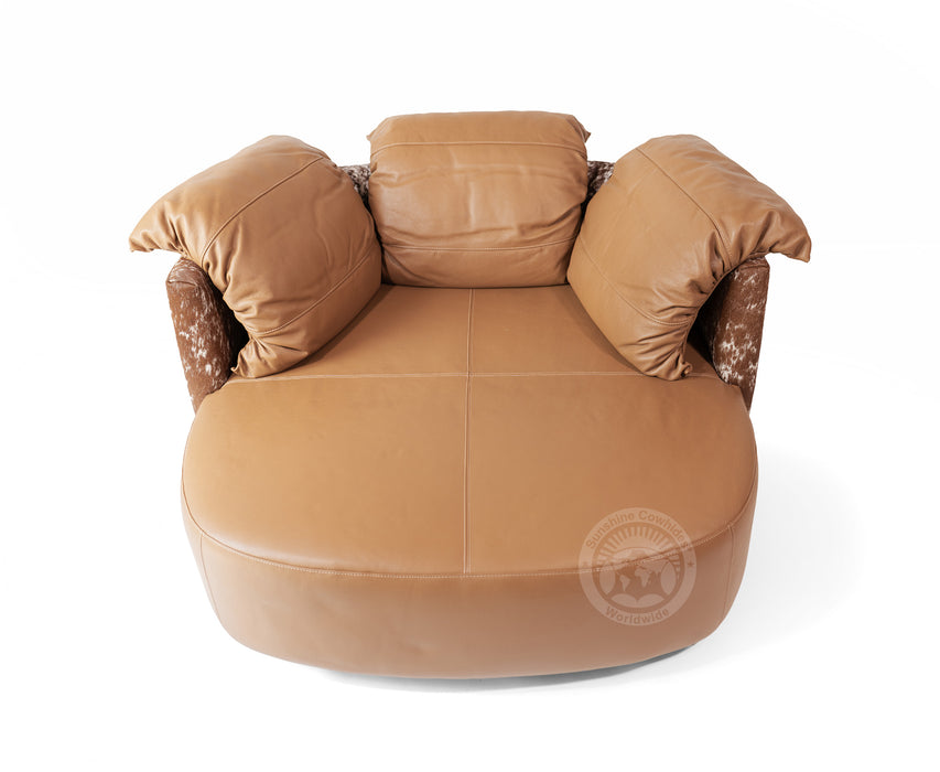 Swivel Leather Love Chair with Hair On Cowhide Accents - Toffee