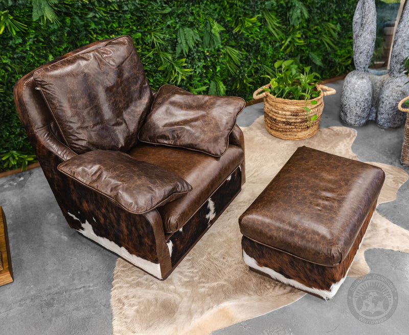 Comfy Leather Arm chair + Ottoman - Brown Leather