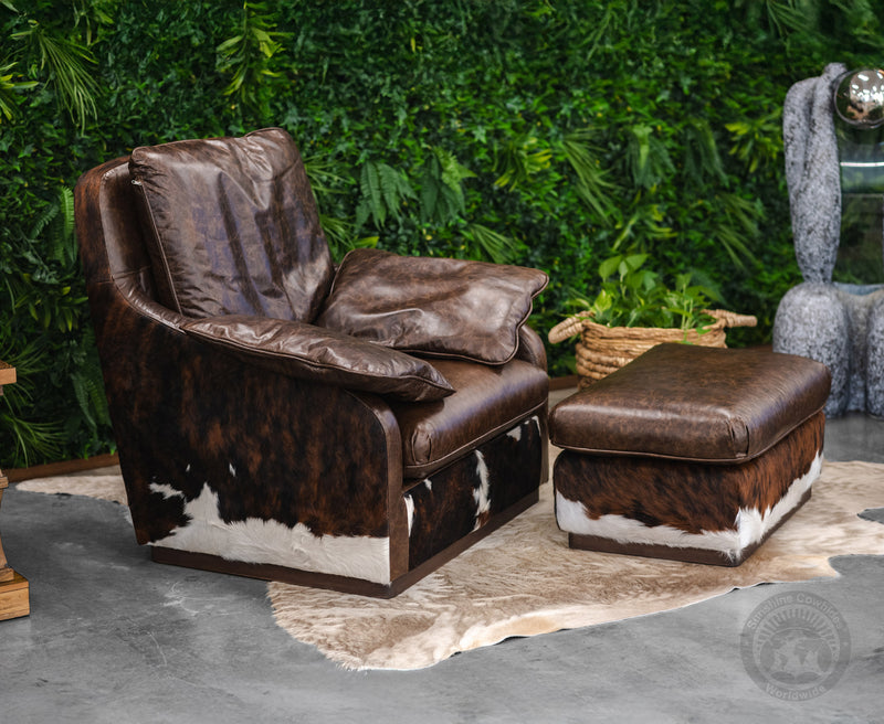 Comfy Leather Arm chair + Ottoman - Brown Leather