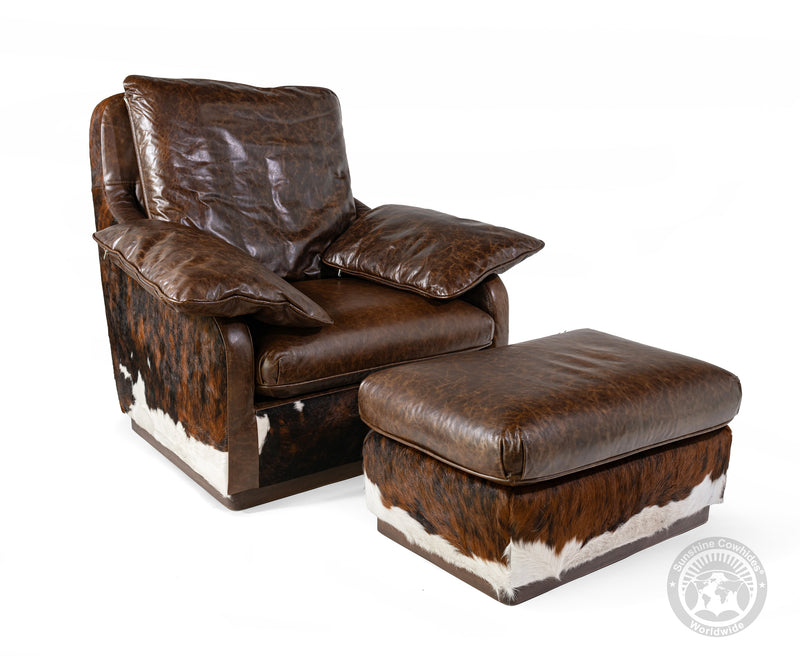 Comfy Leather Arm chair + Ottoman - Brown Leather