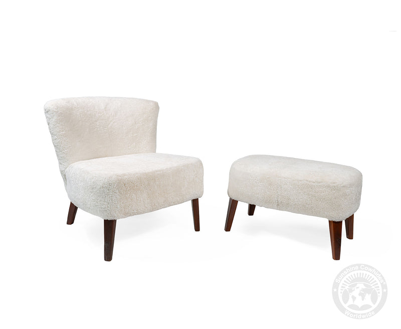 White Sheepskin Lounge Chair Ottoman Set | Modern Farmhouse Accent Reading Chair