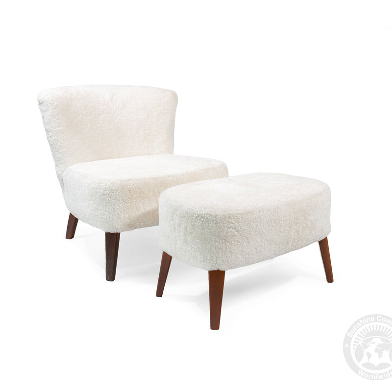 White Sheepskin Lounge Chair Ottoman Set | Modern Farmhouse Accent Reading Chair