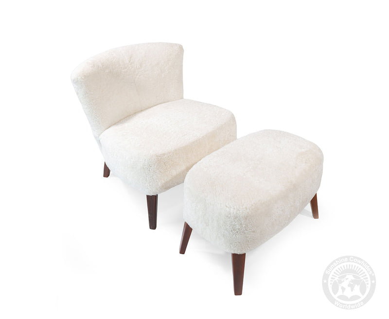 White Sheepskin Lounge Chair Ottoman Set | Modern Farmhouse Accent Reading Chair