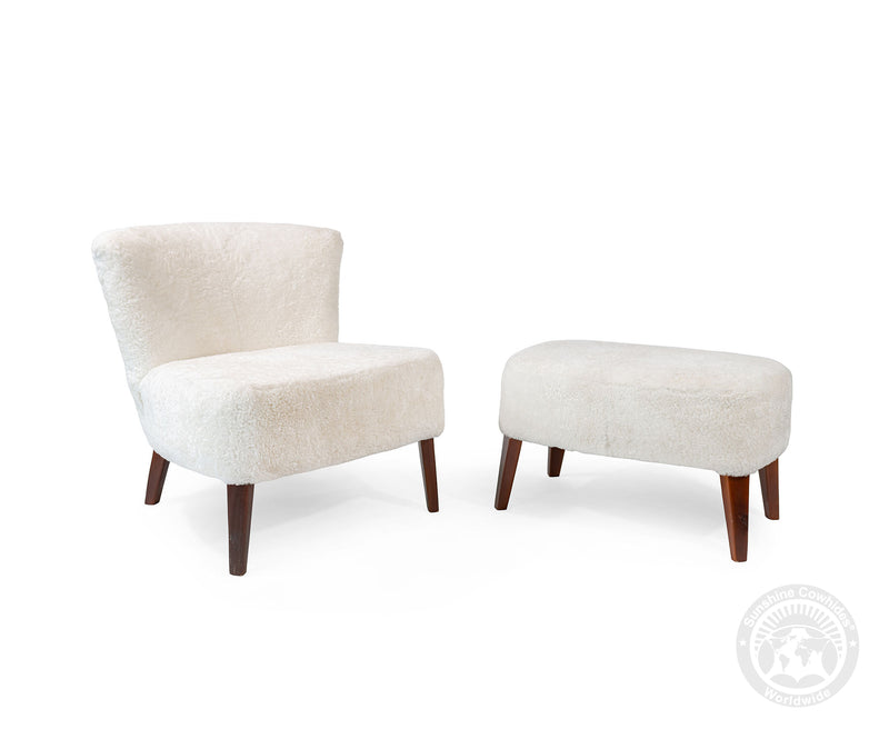 White Sheepskin Lounge Chair Ottoman Set | Modern Farmhouse Accent Reading Chair