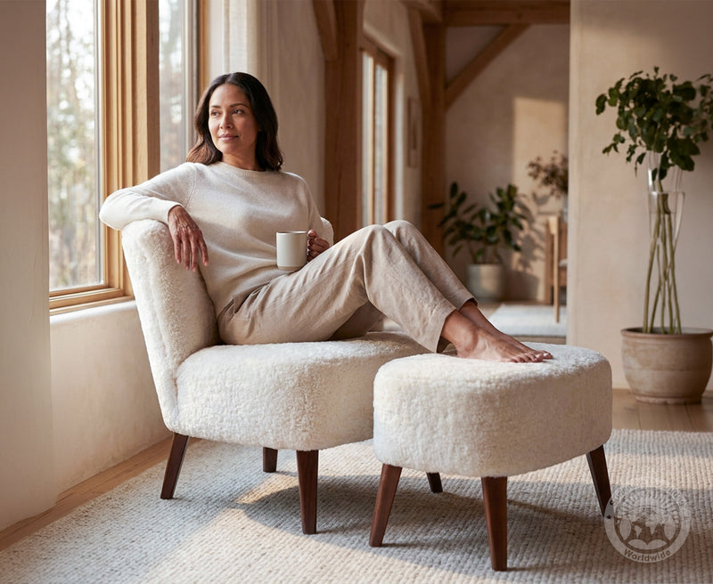 White Sheepskin Lounge Chair Ottoman Set | Modern Farmhouse Accent Reading Chair