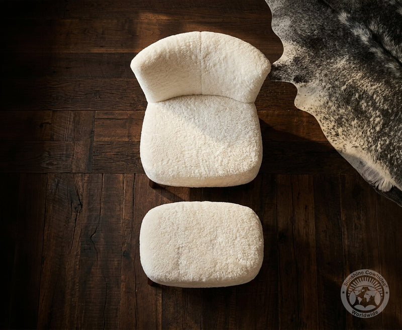 White Sheepskin Lounge Chair Ottoman Set | Modern Farmhouse Accent Reading Chair