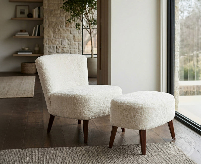 White Sheepskin Lounge Chair Ottoman Set | Modern Farmhouse Accent Reading Chair