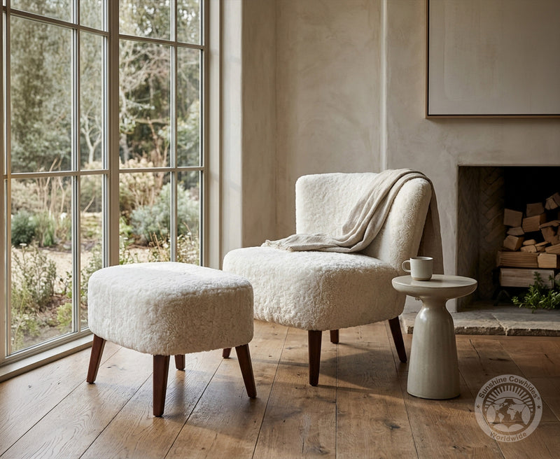 White Sheepskin Lounge Chair Ottoman Set | Modern Farmhouse Accent Reading Chair