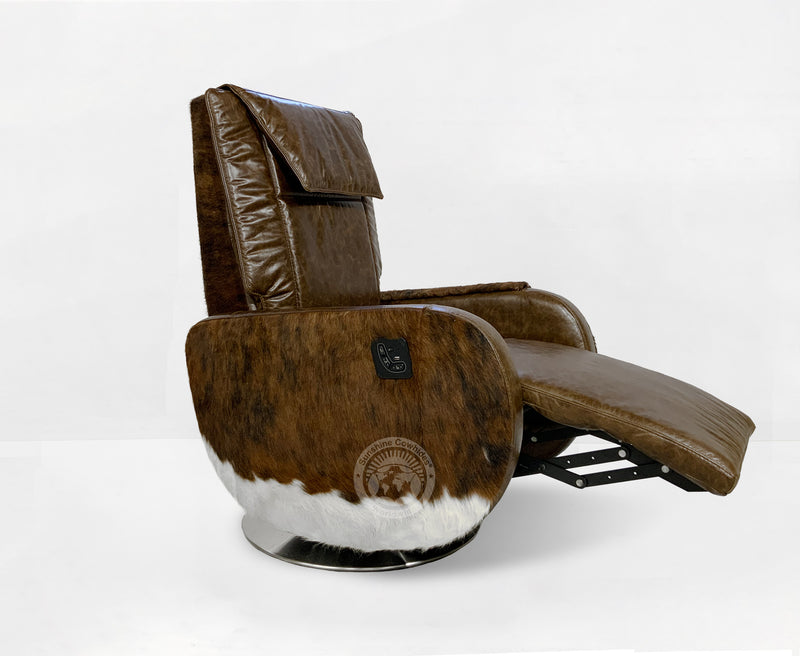 Leather Armchair with Hair On Cowhide Accents - Coffee Brown