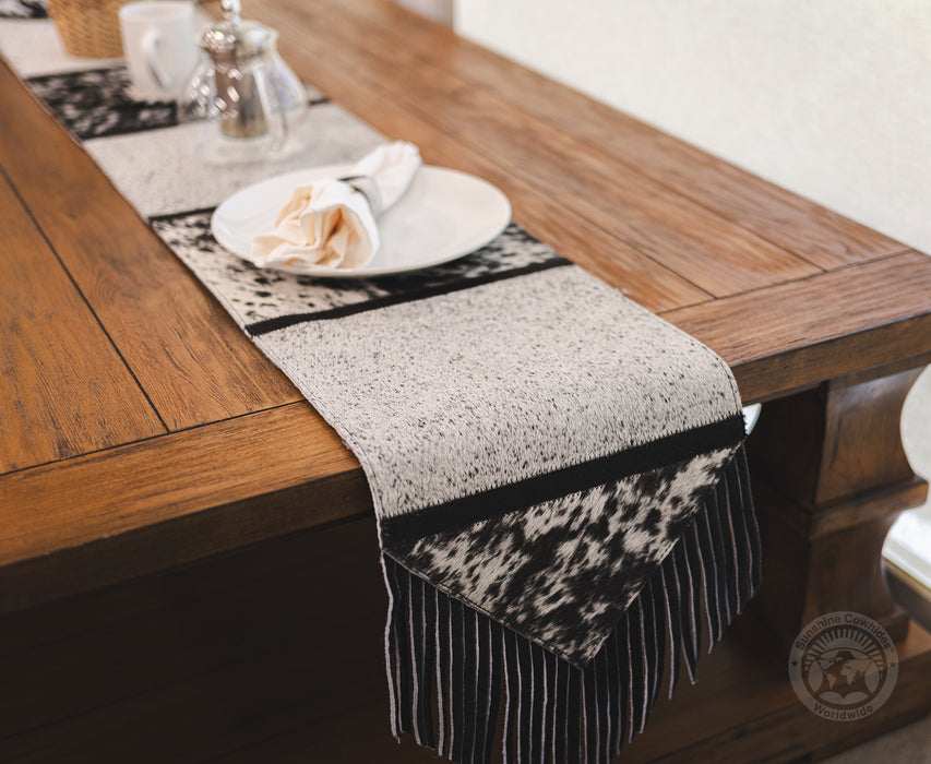 Cowhide Runner Salt and Pepper Black and White w/ Fringe