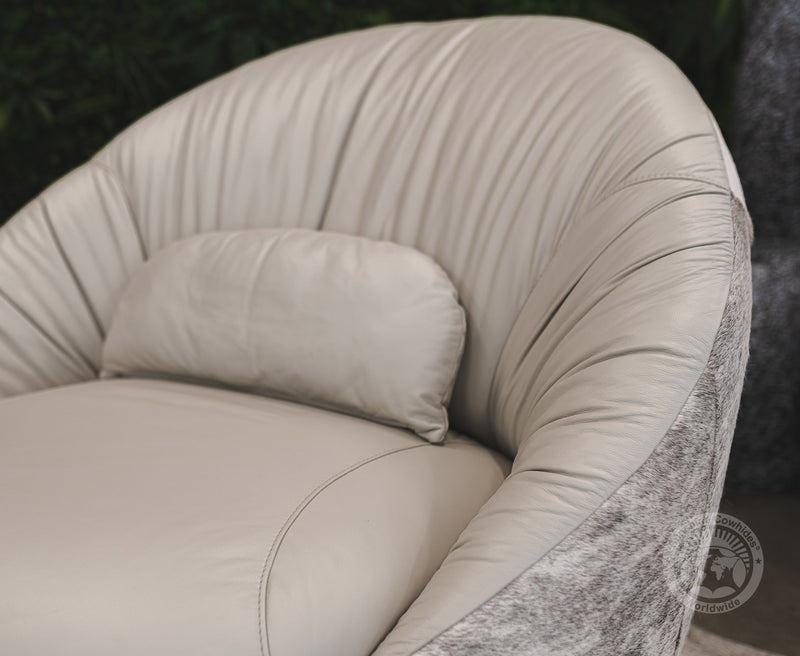 Leather Swivel Chaise Chair on Cowhide Accents - Grey
