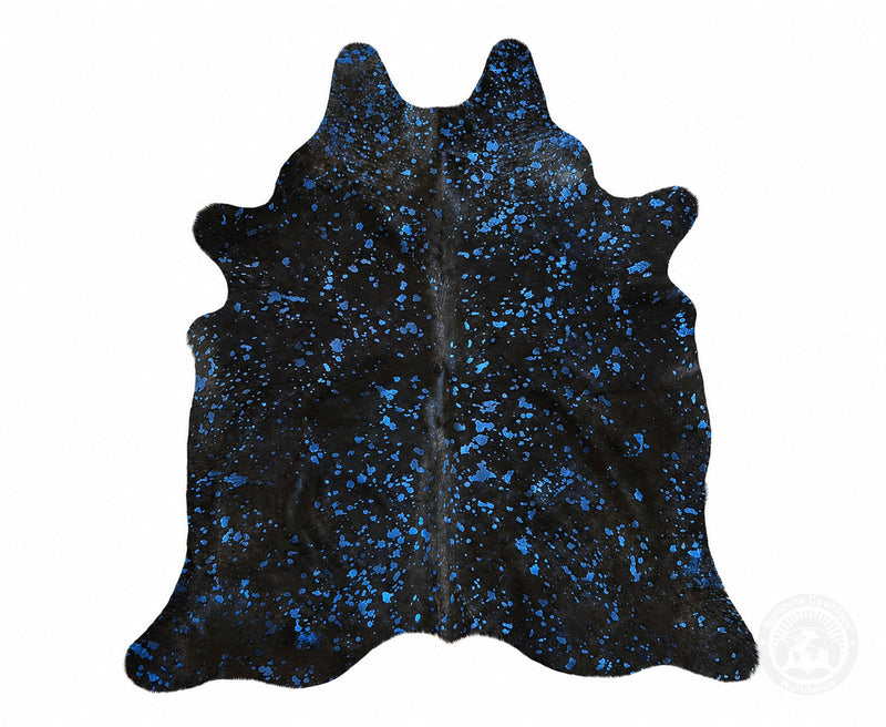 Devore Metallic Blue on Dyed Black Cowhide Rug