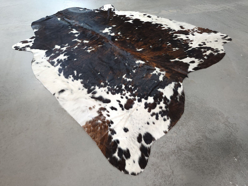 Premium Tricolor Cowhide Rug Size 7.4 X 7.8 ft