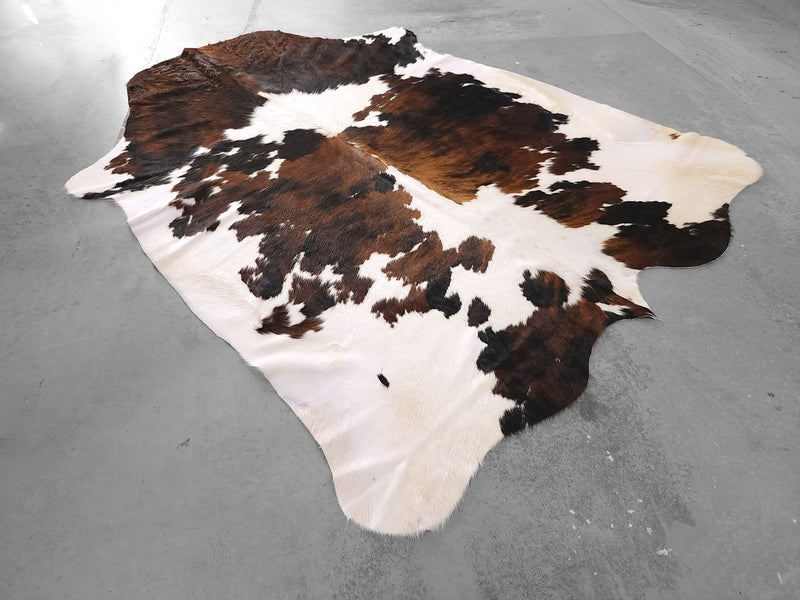 Premium Tricolor Cowhide Rug Size 6.3 X 7.7 ft