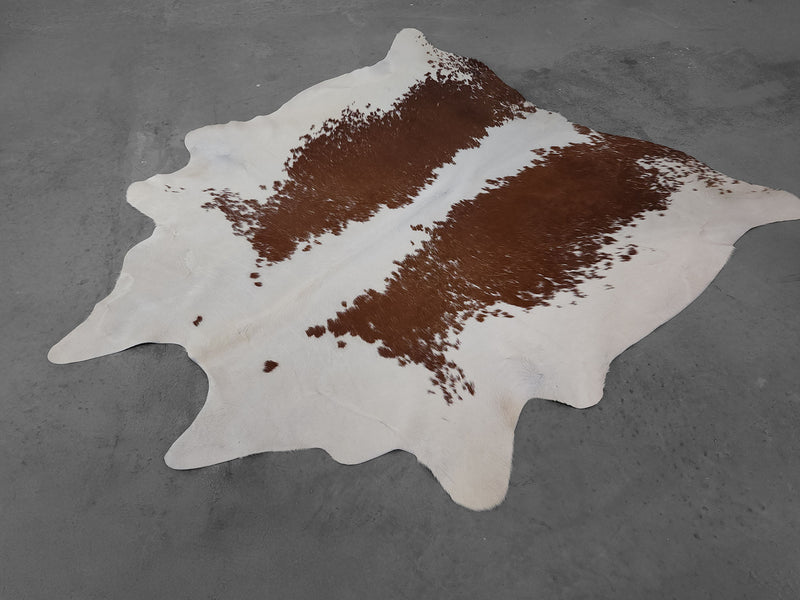 Premium Brazilian Brown and White Cowhide Rug Size 7.2 X 6.8 ft