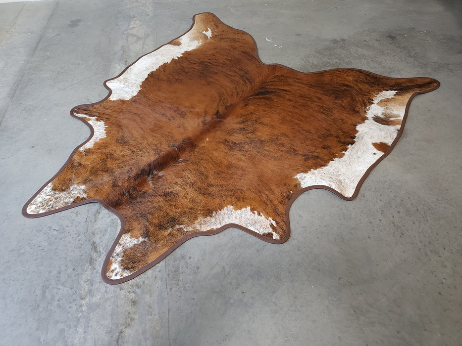 Brindle White Belly Cowhide Rug w/ Leather Binding Size 7.0 X 7.6 ft