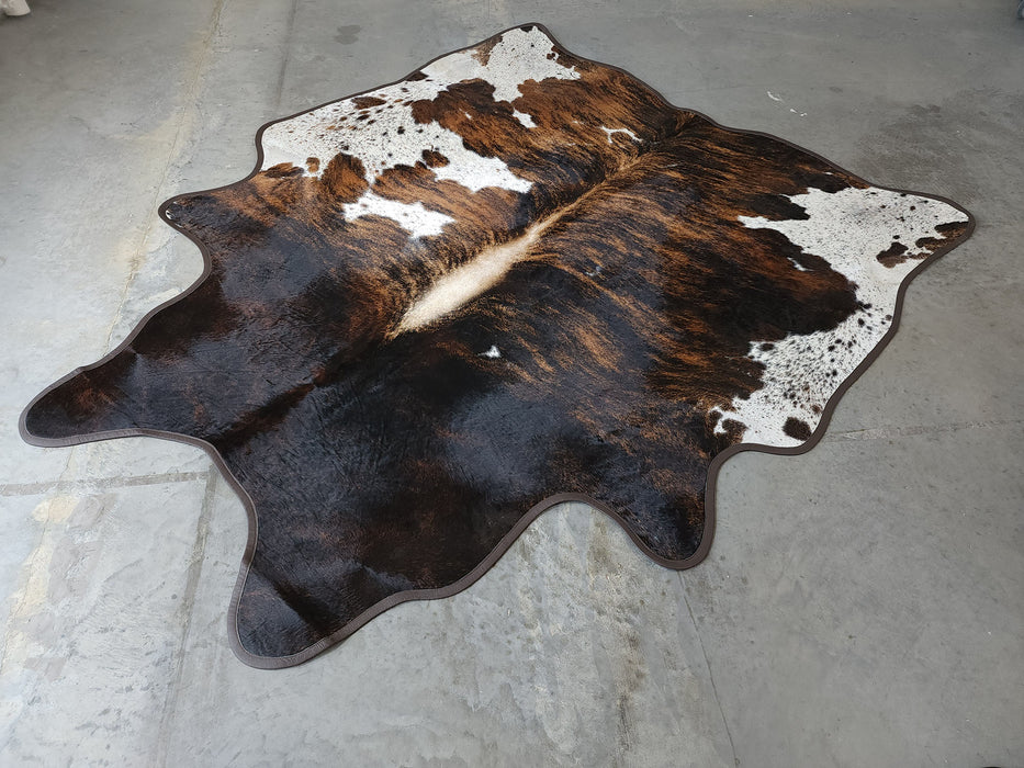 Brindle Exotic Cowhide Rug w/ Leather Binding Size 6.5 X 7.9 ft