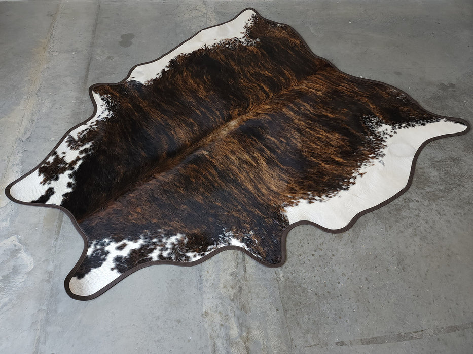 Brindle White Belly Cowhide Rug w/ Leather Binding Size 6.4 X 7.5 ft