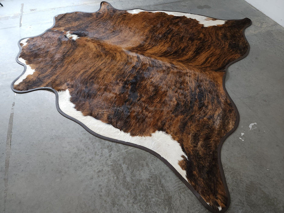 Brindle White Belly Cowhide Rug w/ Leather Binding Size 7.0 X 7.0 ft