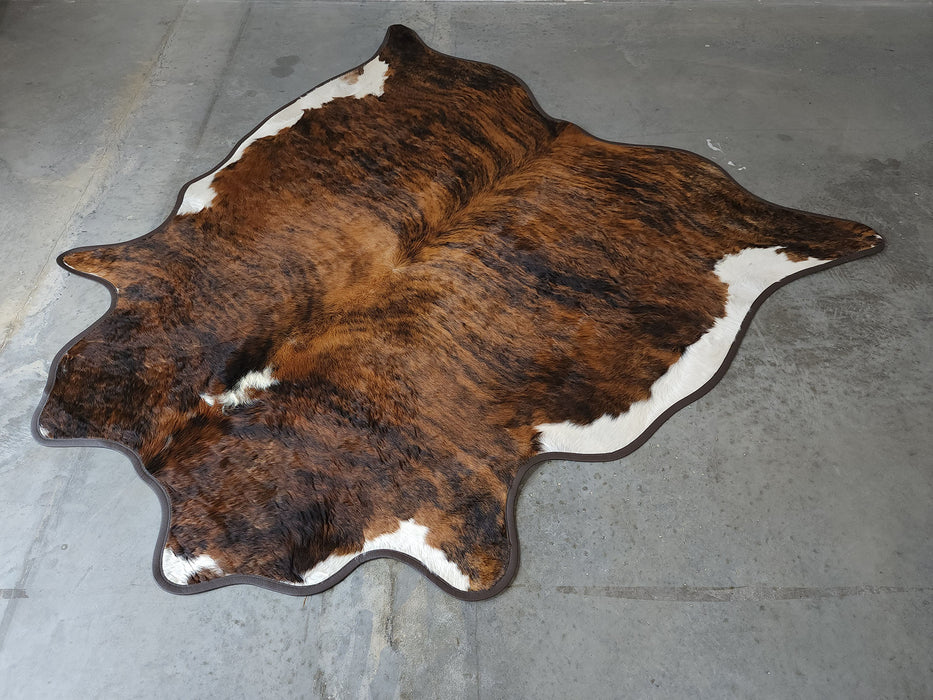 Brindle White Belly Cowhide Rug w/ Leather Binding Size 7.0 X 7.0 ft