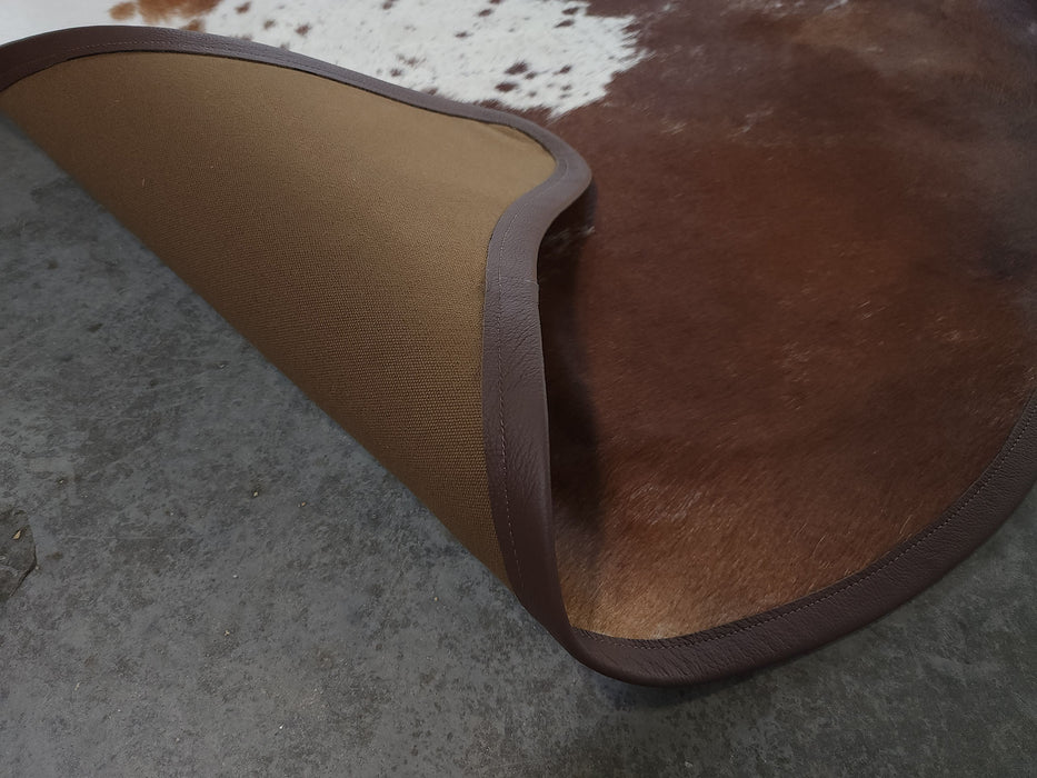 Leather Binding Brown and White Cowhide Rug Size 7.4 X 6.3 ft