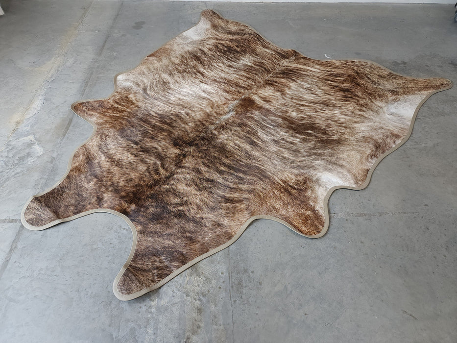 Brindle Medium Cowhide Rug w/ Leather Binding Size 7.9 X 8.3 ft