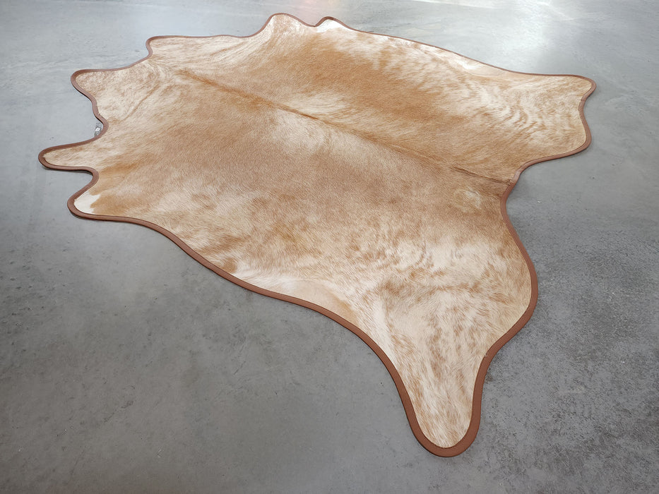 Leather Binding Beige Exotic Cowhide Rug Size 7.0 X 6.6 ft