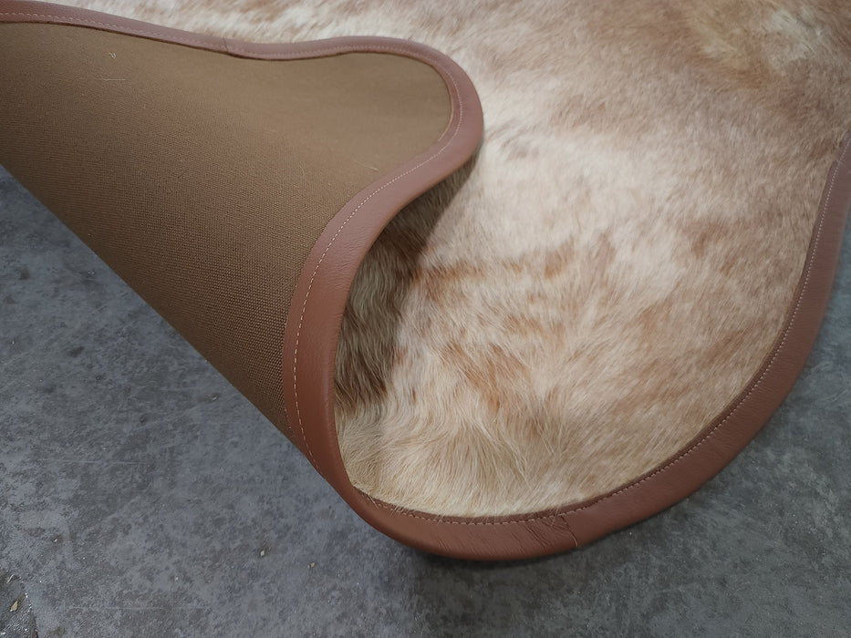Leather Binding Beige Exotic Cowhide Rug Size 7.0 X 6.6 ft