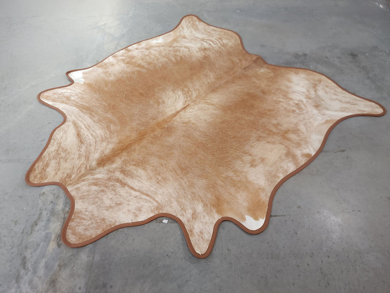 Leather Binding Beige Exotic Cowhide Rug Size 7.0 X 6.6 ft