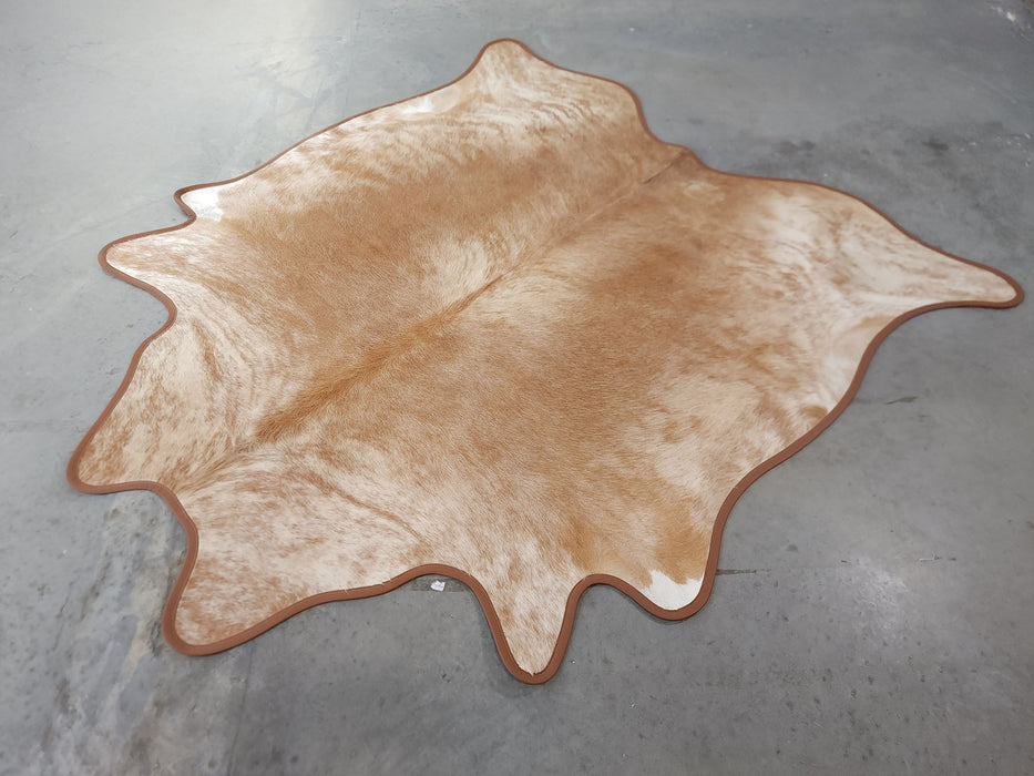 Leather Binding Beige Exotic Cowhide Rug Size 7.0 X 6.6 ft