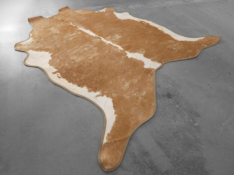 Leather Binding Beige Exotic Cowhide Rug Size 7.11 X 7.11 ft