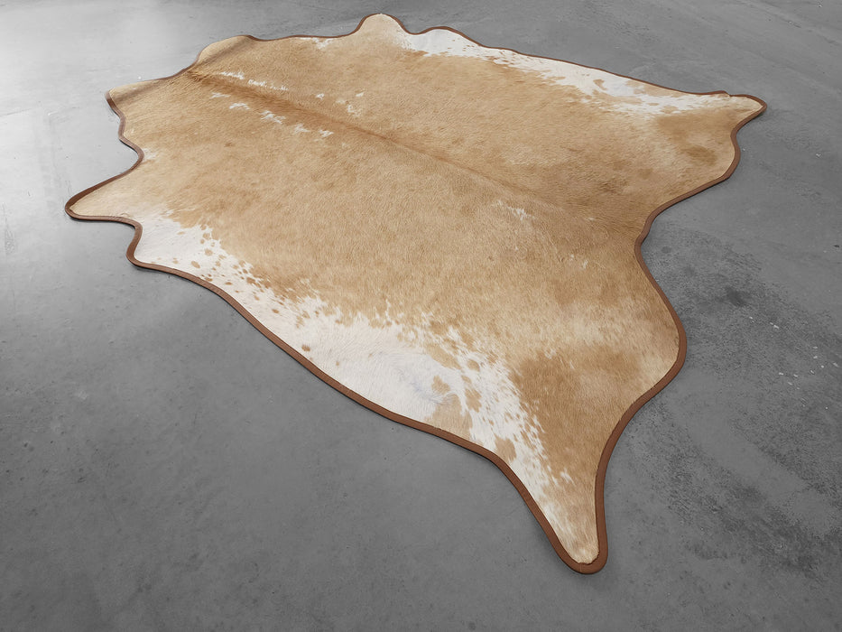 Leather Binding Beige Exotic Cowhide Rug Size 7.11 X 7.6 ft