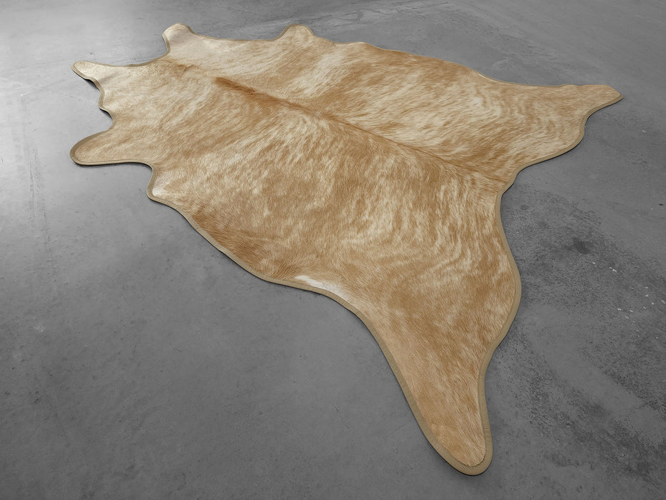 Leather Binding Beige Exotic Cowhide Rug Size 8.5 X 7.5 ft