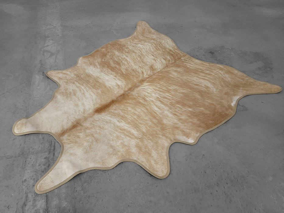 Leather Binding Beige Exotic Cowhide Rug Size 8.5 X 7.5 ft