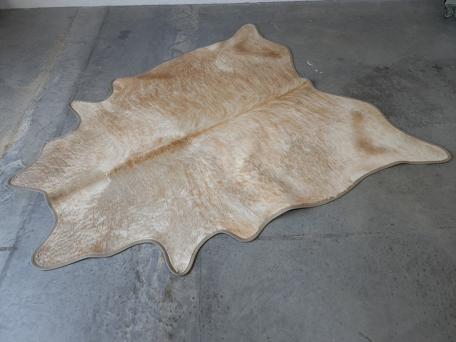 Beige Exotic Cowhide Rug w/ Leather Binding Size 7.0 X 7.9 ft