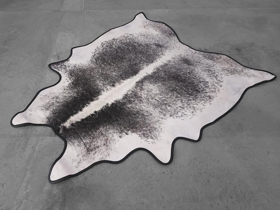 Leather Binding Salt and Pepper Cowhide Rug Size 7.7 X 6.7 ft