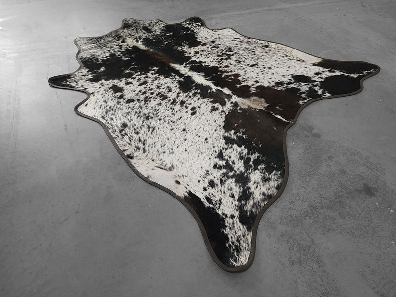Leather Binding Salt and Pepper Cowhide Rug Size 8.5 X 6.8 ft