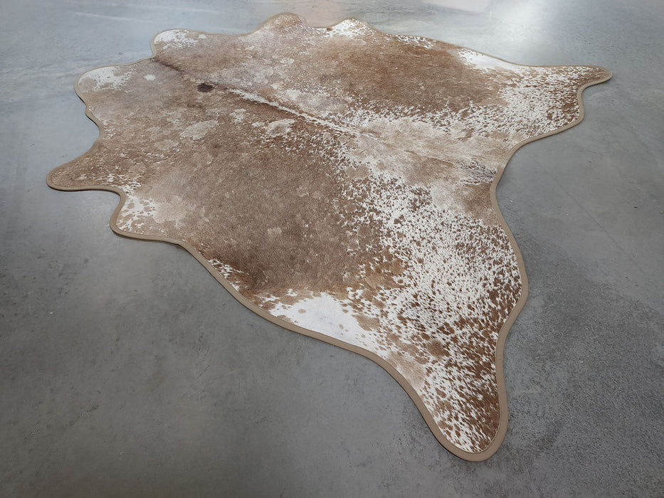 Leather Binding Taupe Cowhide Rug Size 7.1 X 6.9 ft