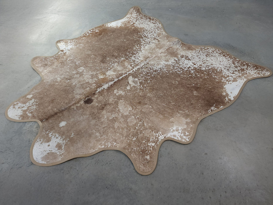 Leather Binding Taupe Cowhide Rug Size 7.1 X 6.9 ft