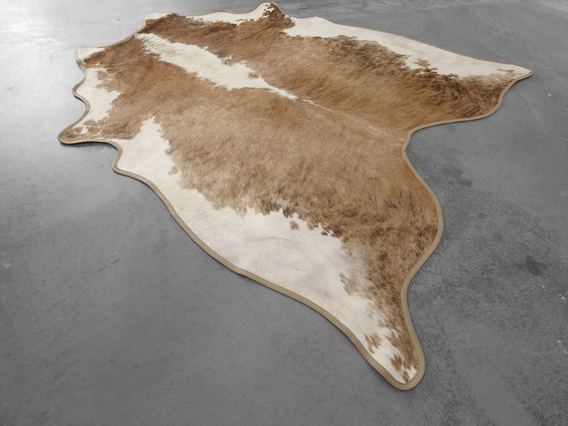 Leather Binding White Backbone Cowhide Rug Size 7.8 X 6.8 ft