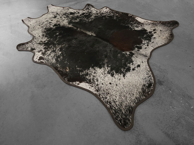 Leather Binding Salt and Pepper Cowhide Rug Size 7.7 X 6.5 ft