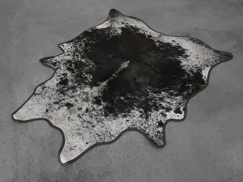 Leather Binding Salt and Pepper Cowhide Rug Size 7.7 X 6.5 ft