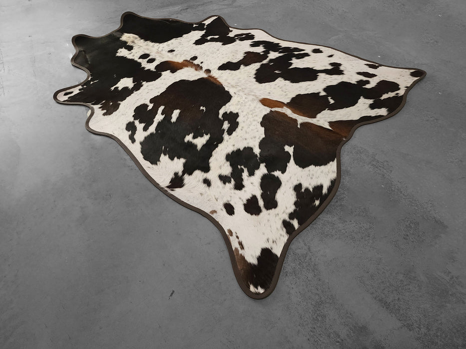 Leather Binding Salt and Pepper Cowhide Rug Size 7.2 X 6.1 ft