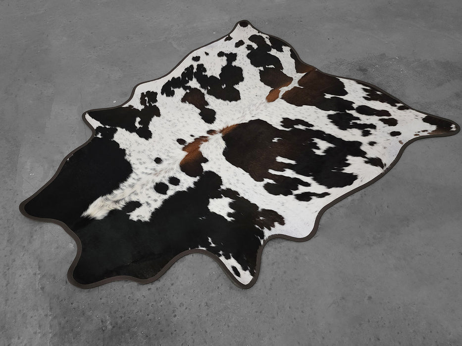 Leather Binding Salt and Pepper Cowhide Rug Size 7.2 X 6.1 ft