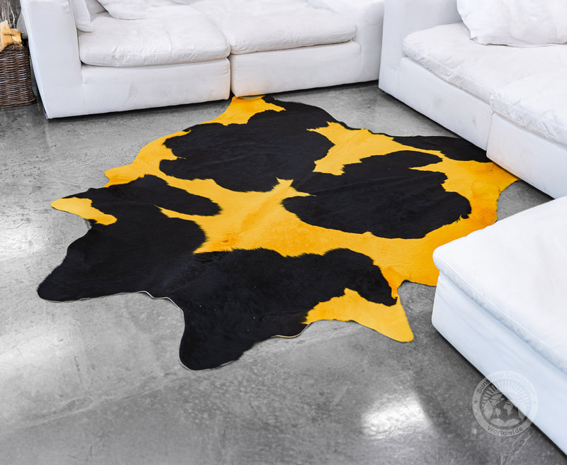Dyed Yellow on Black Cowhide Rug