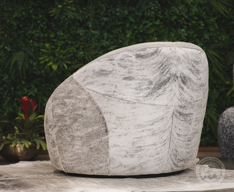 Leather Swivel Chaise Chair on Cowhide Accents - Grey